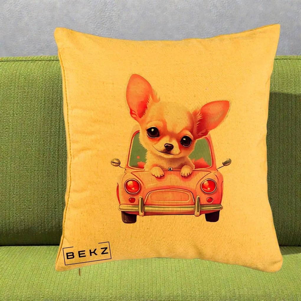 Perna Decorativa Chihuahua Roz in Masinuta, 40x40 cm, Galben, Husa Detasabila, Perna Inclusa, BEKZ®