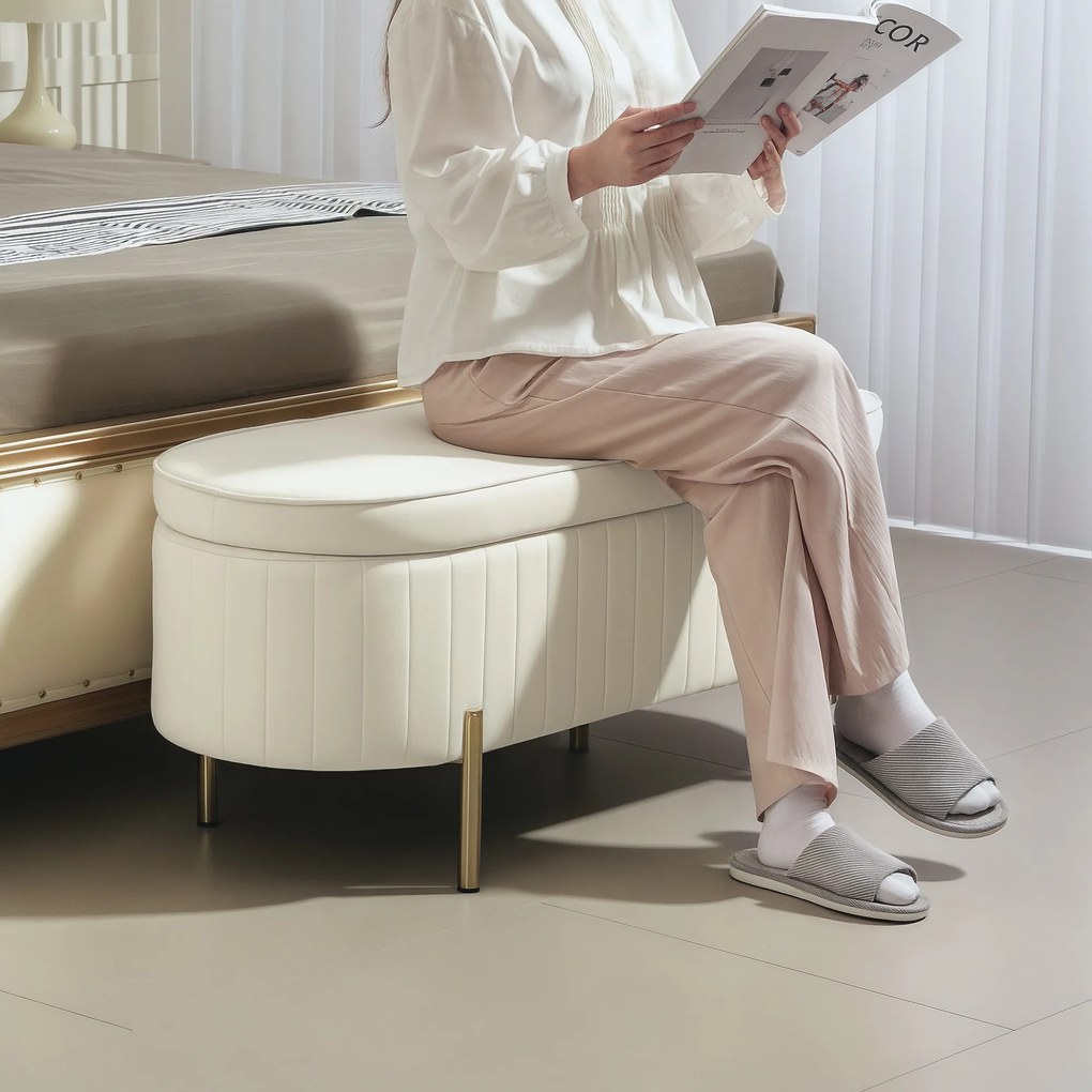 HOMCOM Bancă de Depozitare de Intrare Ovală 72L, Design Canelat cu Capac Rabatabil și Scaun Capitonat, Bancă de la Capătul Patului, Pouf, în Velur și cu Picioare din Lemn de Pin, 108x44x43.5 cm, Crem | Aosom Romania