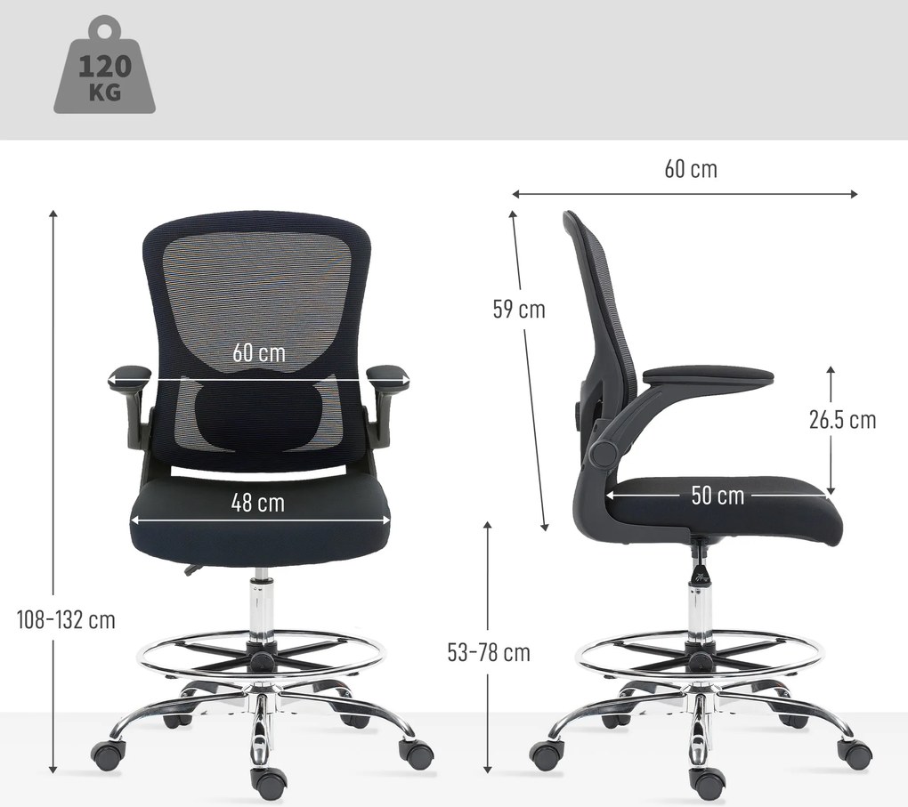 HOMCOM Scaun de desen cu suport lombar, reglabil pe înălțime, pivotant, pentru home office, studio, proiecte artistice, Negru | Aosom Romania