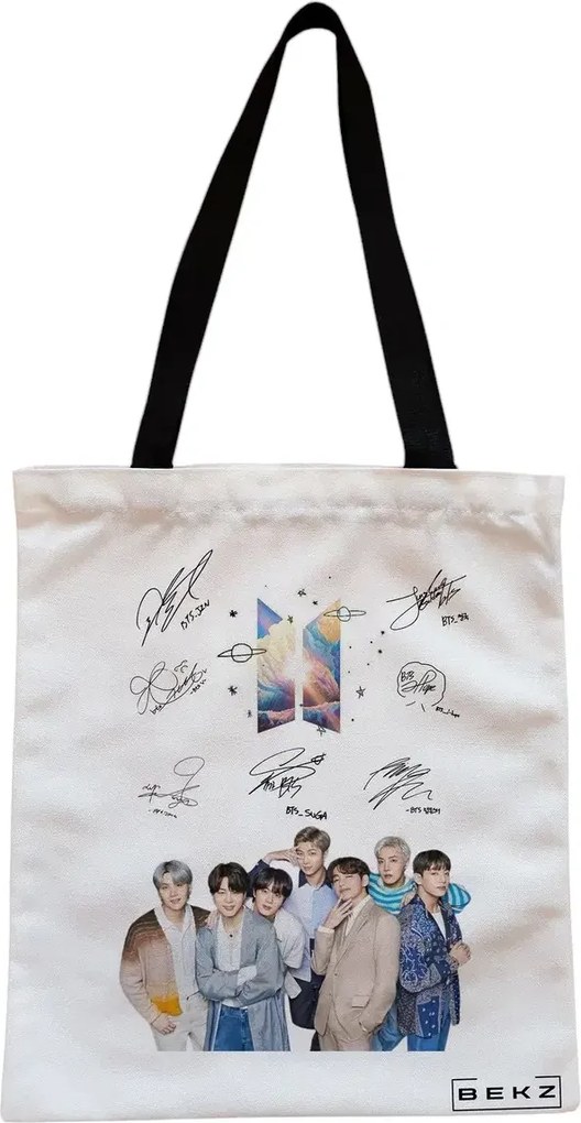 Sacosa de Panza pentru Cumparaturi, Geanta Tote, model BTS Army 9 cu semnaturii, Cu fermoar, 38x34.5 cm, Alba, BEKZ®