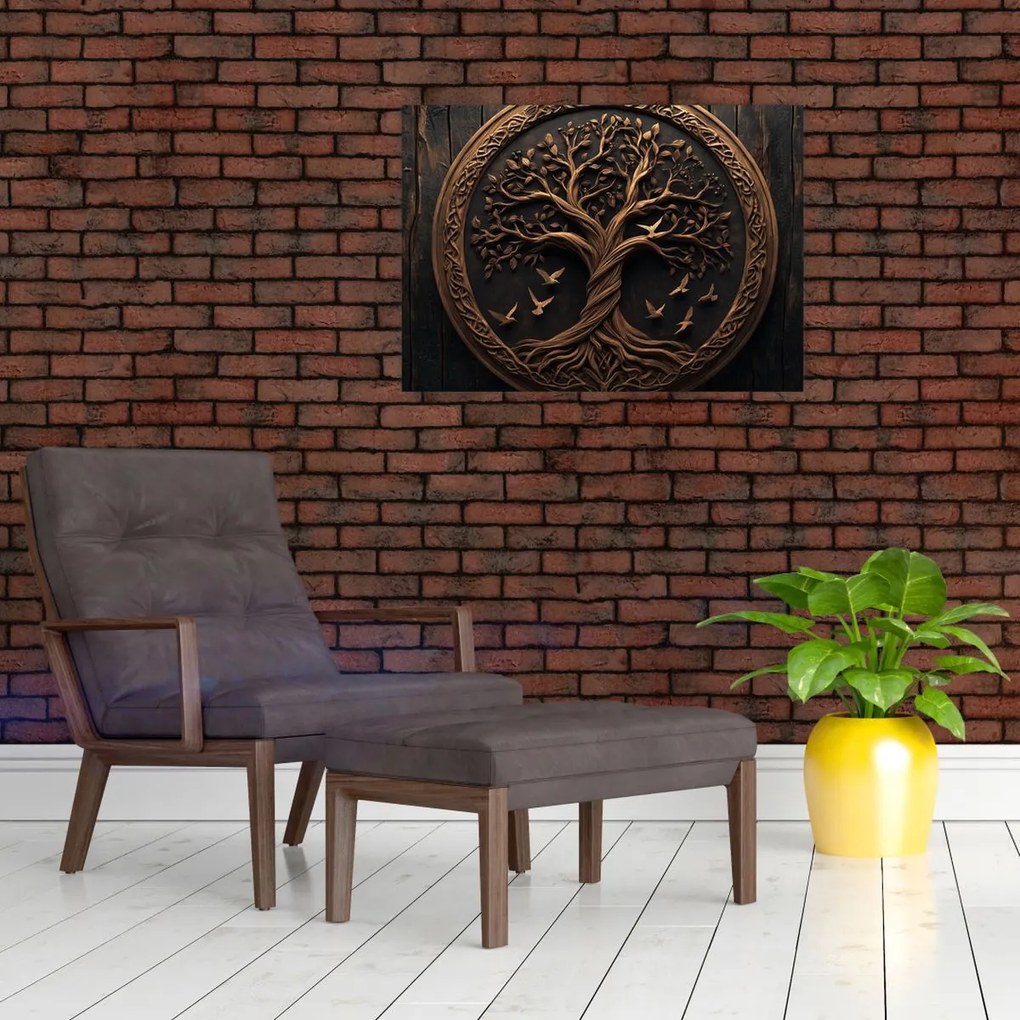 Tablou pe sticlă – Arborele vieții din lemn (70x50 cm)
