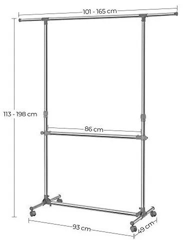 Suport pentru haine reglabil cu roti, Songmics, 2 sine, 101-163 x 49 x 113-198 cm, LLR401, Gri