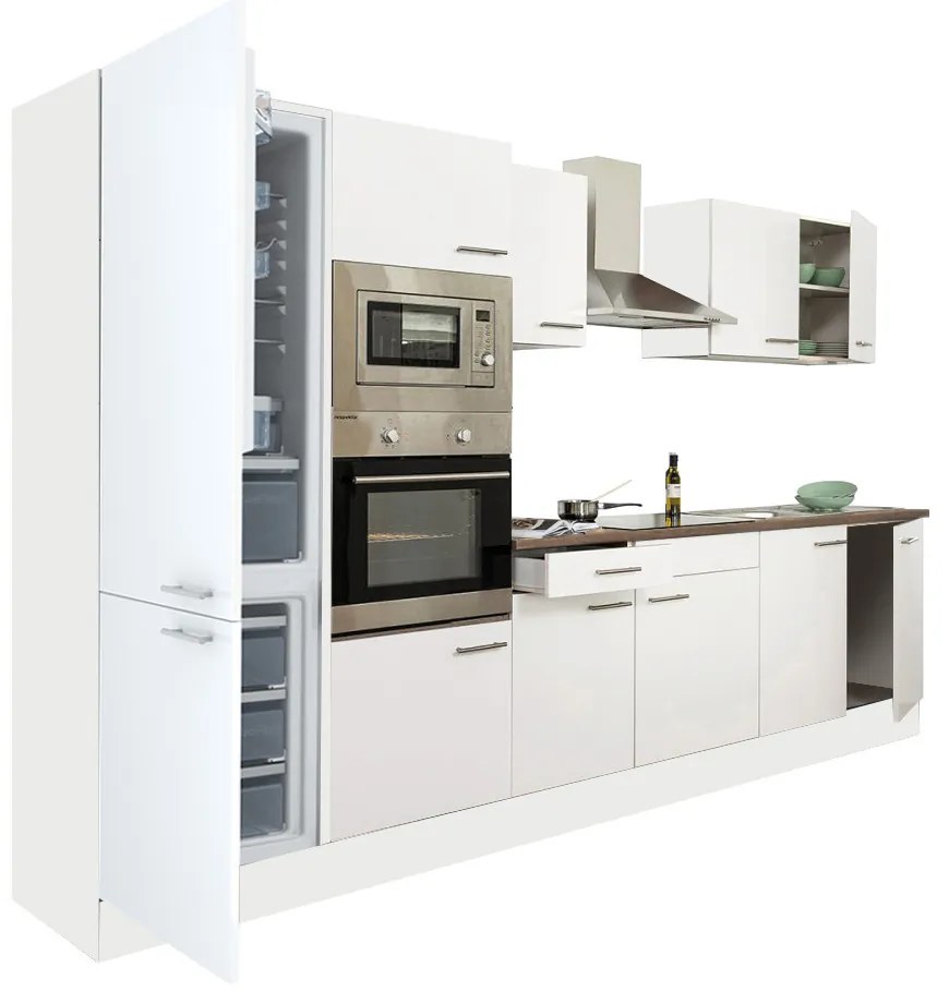 Mobilă de bucătărie Yorki 330, corp alb, față alb satinat, frigider cu congelator jos