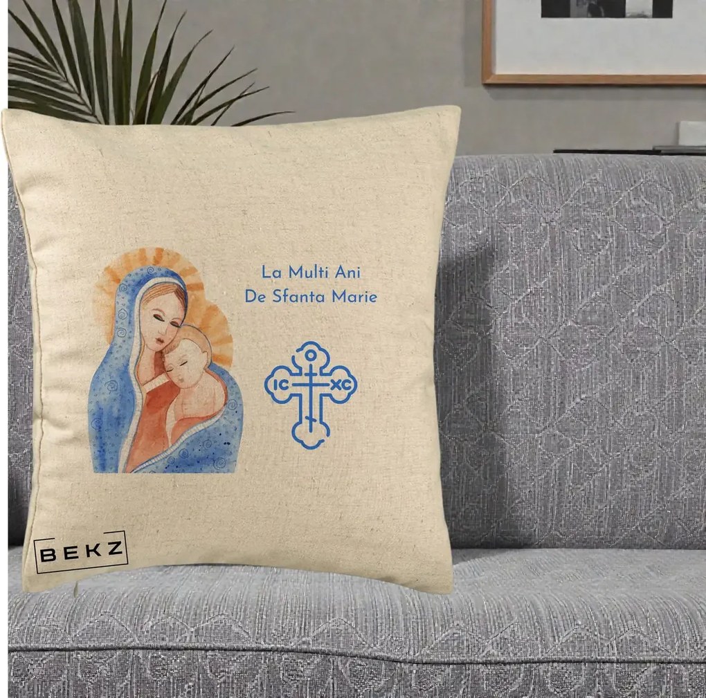 Cadou de Onomastica - Perna Personalizata Sfanta Marie Icoana Acuarela, 40x40 cm, Bej, Husa Detasabila, Perna Inclusa, BEKZ®