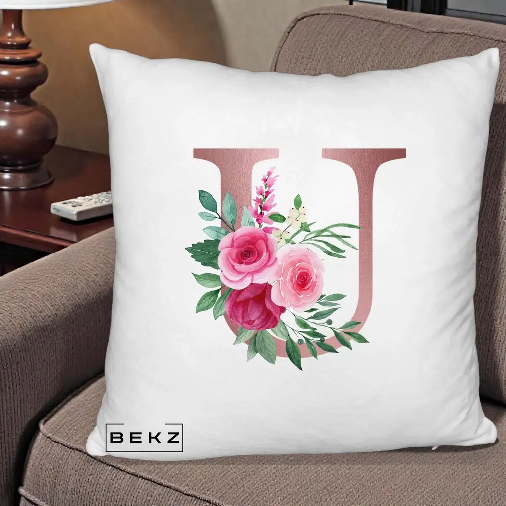 Cadou Personalizat - Perna Personalizata Monograma Rose Gold Litera U, 40x40 cm, Alb Pufos, Husa Detasabila, Perna Inclusa, BEKZ®