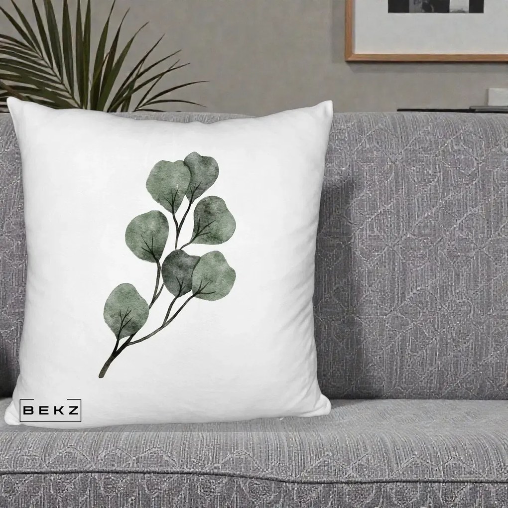 Perna Decorativa Ramura Eucalipt Acuarela, 40x40 cm, Alb Pufos, Husa Detasabila, Perna Inclusa, BEKZ®