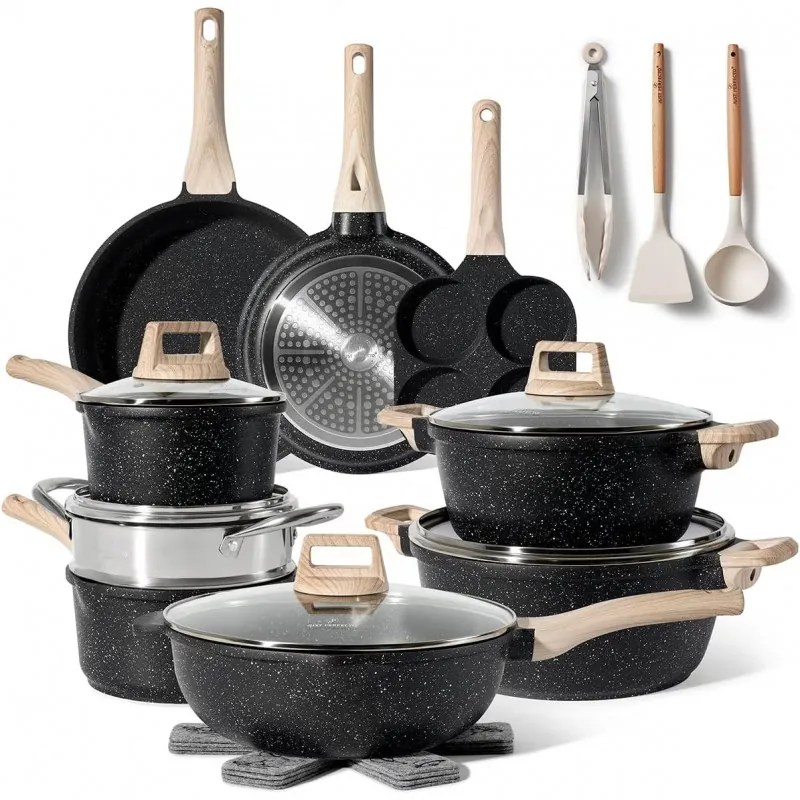 Set oale si tigai Just Perfecto JL-722, 21 piese, Finisaj marmura, Inductie, Oala cu aburi, Accesorii, Negru