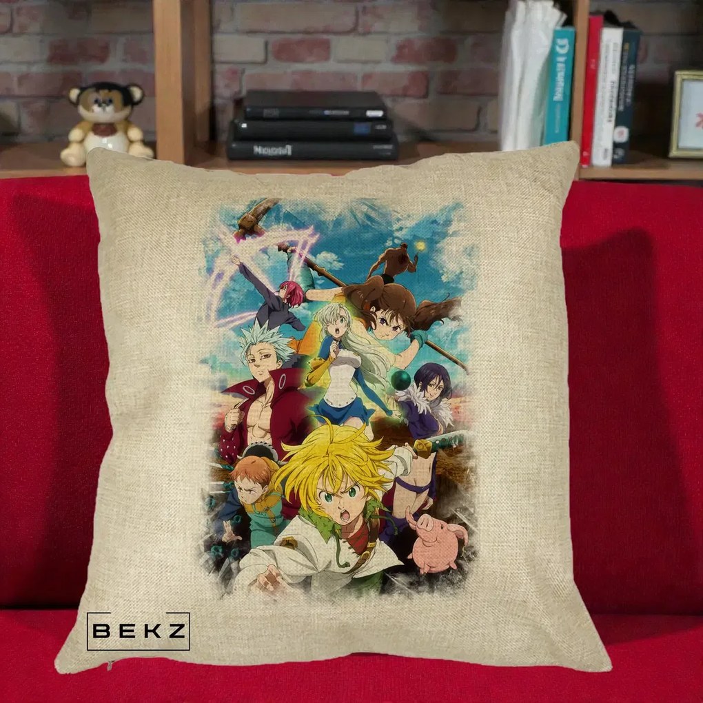 Perna Personalizata Nanatsu no Taizai Cele Sapte Pacate Mortale Anime, 40x40 cm, Crem, Husa Detasabila, Perna Inclusa, BEKZ®