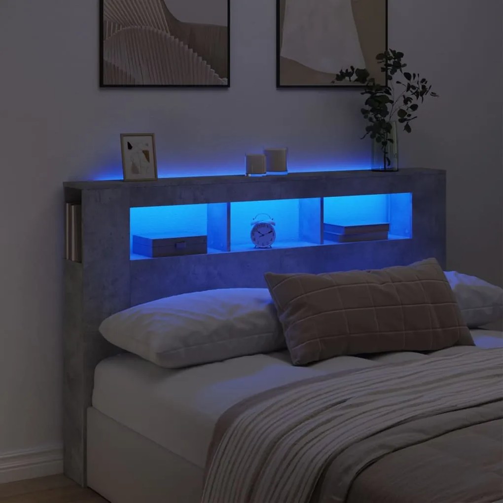 vidaXL Tăblie de pat cu LED, gri beton, 160x18,5x103,5 cm, lemn