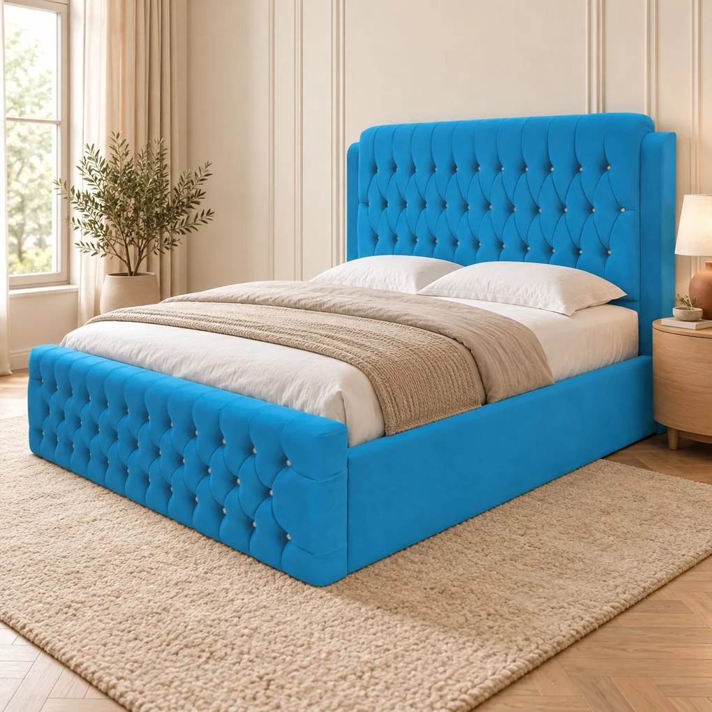 Pat tapițat Chesterfield din catifea Aveline Deluxe 140×200 cm, albastru deschis, cu ladă de depozitare