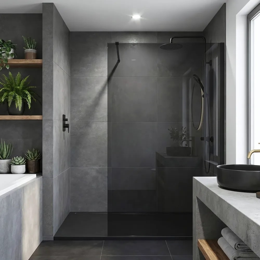 Paravan de dus fumuriu Rea Flexi Grey 80 cm negru