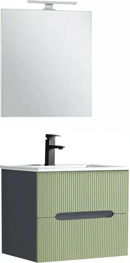 Trent mobilier de baie 60 cm chiuvetă ceramică (2 sertare) cu oglindă 60x80 cm gri antracit-verde fistic
