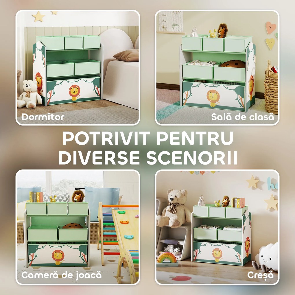 AIYAPLAY Raft pentru Jucării Copii cu 3 Niveluri și 6 Containere Detașabile din Material Textil, Mobilier Organizator pentru Dormitor, Cameră de Joacă și Sufragerie, Verde | Aosom Romania