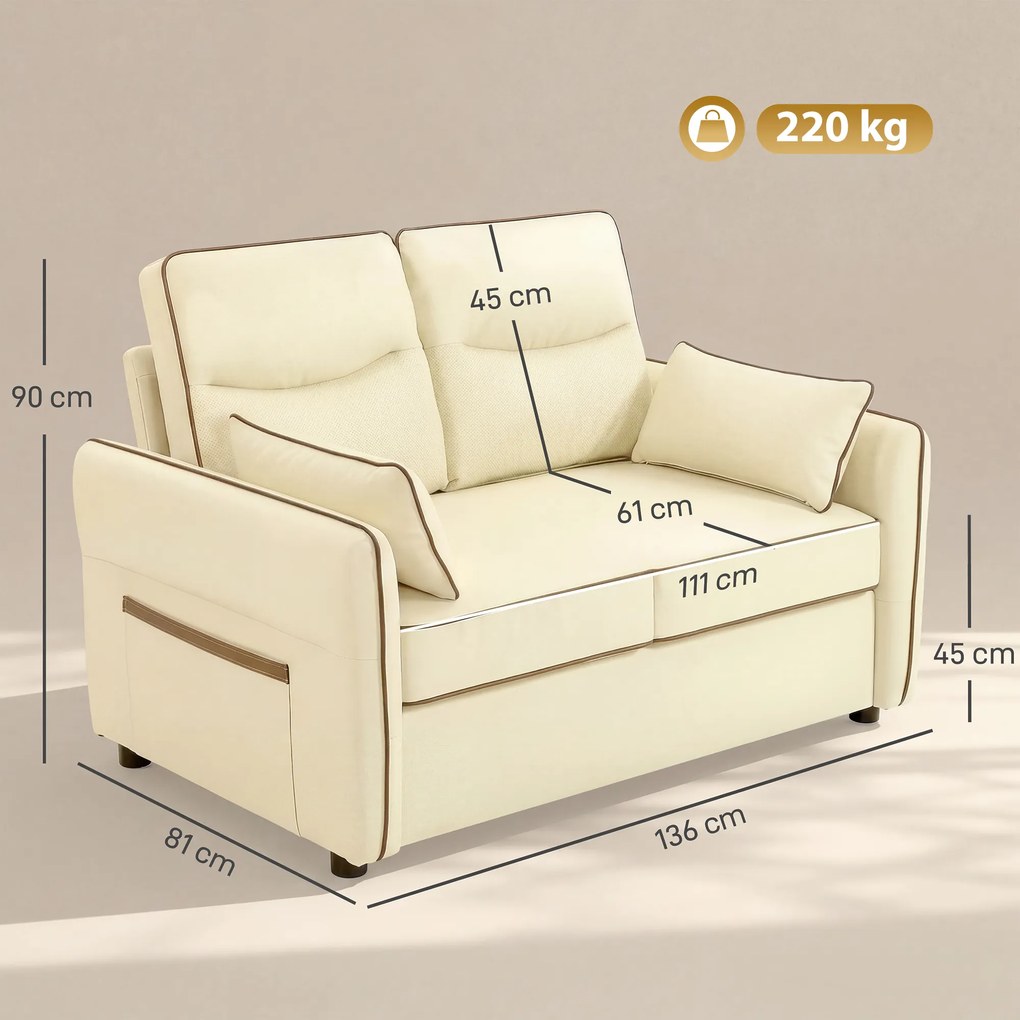 HOMCOM Divan 2 Locuri Imbottit din Piele Sintetică cu Bord Contrastant, Divan Living cu Perne Groase, 2 Perne Detasabile și Lavabile, Brațe și Buzunare Laterale, 136x81x90 cm, Bej | Aosom Romania