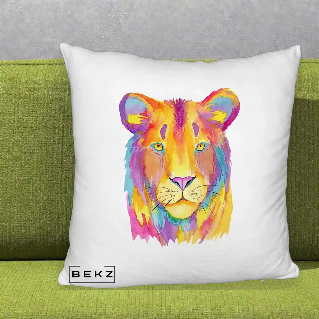 Perna Decorativa Leu Acuarela Curcubeu, 40x40 cm, Alb Pufos, Husa Detasabila, Perna Inclusa, BEKZ®
