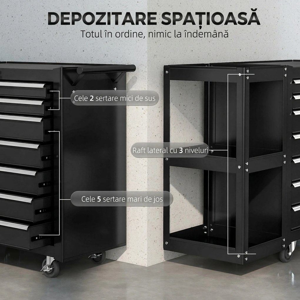 HOMCOM Cărucior pentru Unelte din Oțel cu 7 Sertare, Poliță Laterală Detașabilă, Roți, Capacitate 120kg, Negru | Aosom Romania