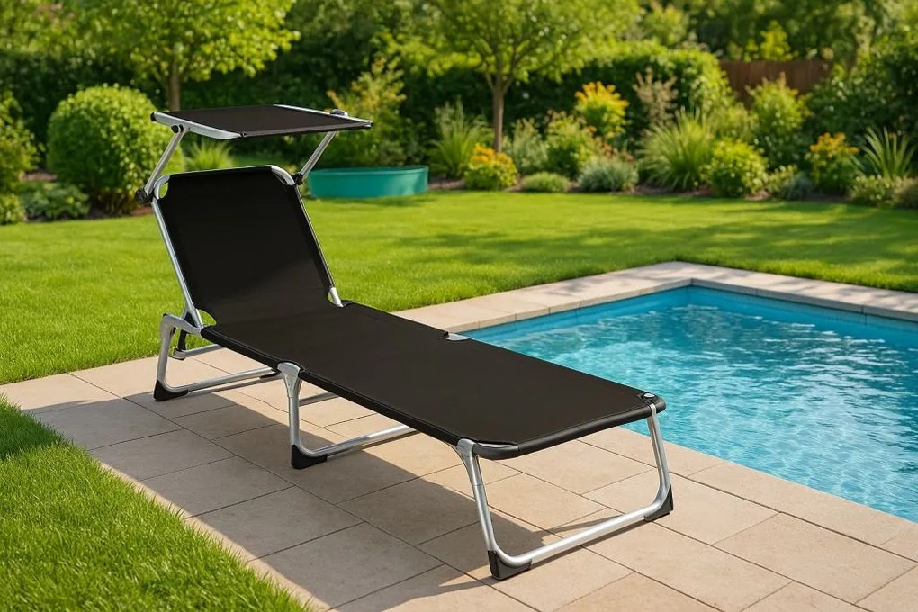 Șezlong – pliabil, cu copertină de umbrire, negru 178 cm