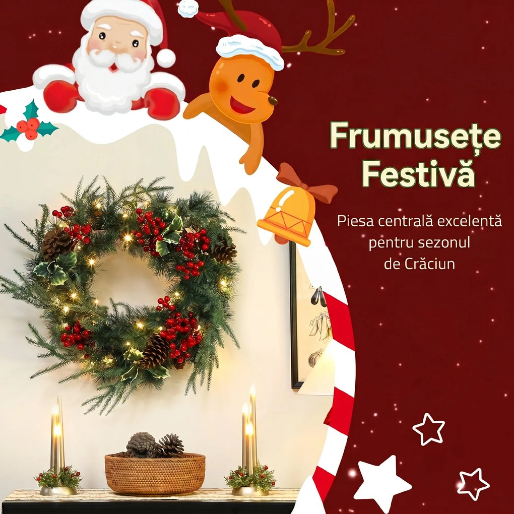 HOMCOM Ghirlandă de Crăciun de 60 cm cu Lumini LED Albe, Coroană de Crăciun cu Temporizator, 170 de Ramuri, Conuri de Pin, Boabe și Vâsc, Decor de Crăciun pentru Ușă și Fereastră, Verde | Aosom Romania