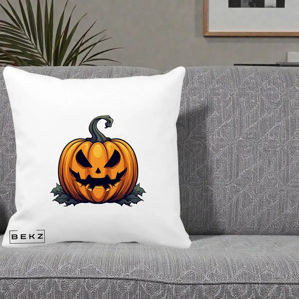 Perna Decorativa Halloween Jack-o'-Lantern Infricosator, 40x40 cm, Alba Mata, Husa Detasabila, Perna Inclusa, BEKZ®