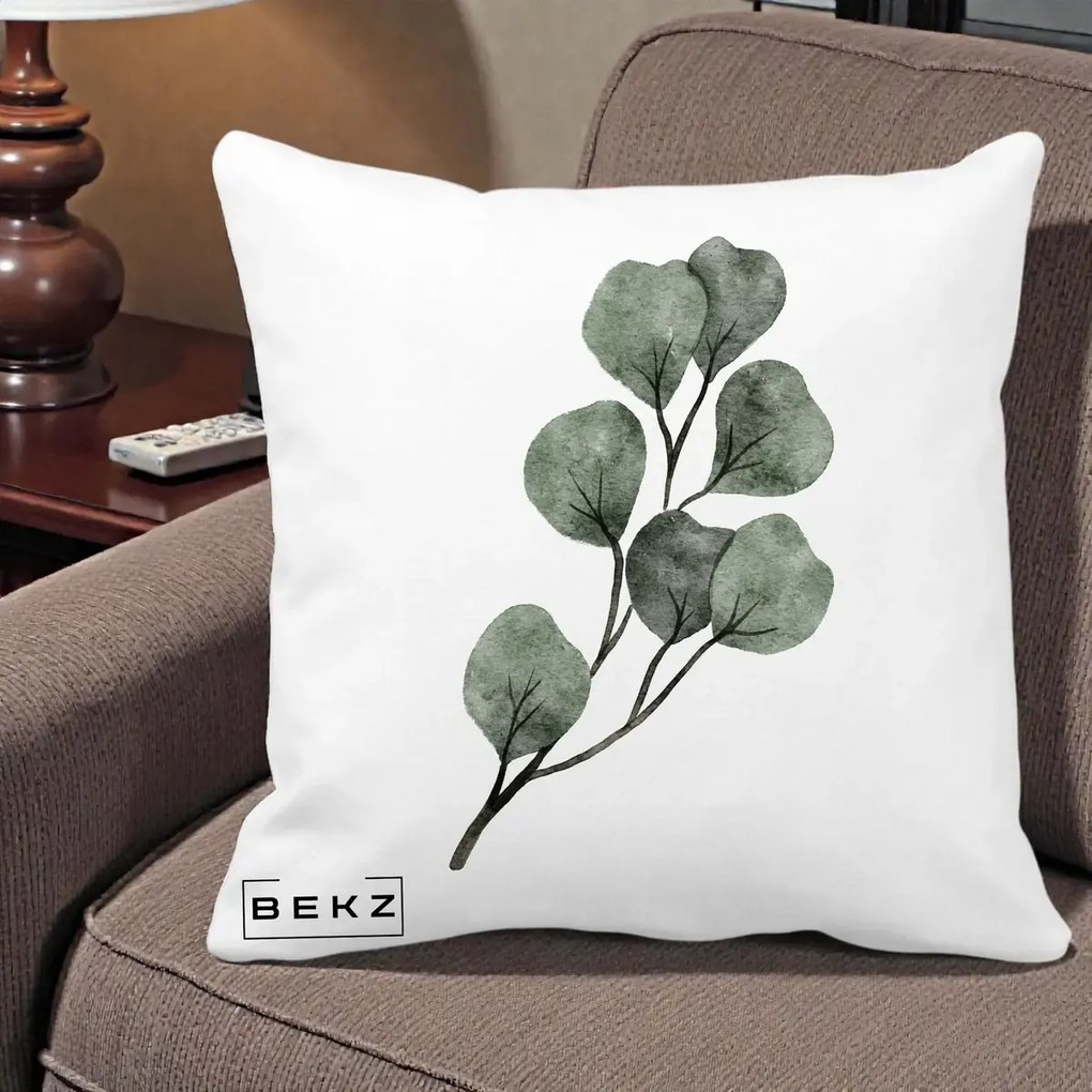 Perna Decorativa Ramura Eucalipt Acuarela, 40x40 cm, Alba Mata, Husa Detasabila, Perna Inclusa, BEKZ®