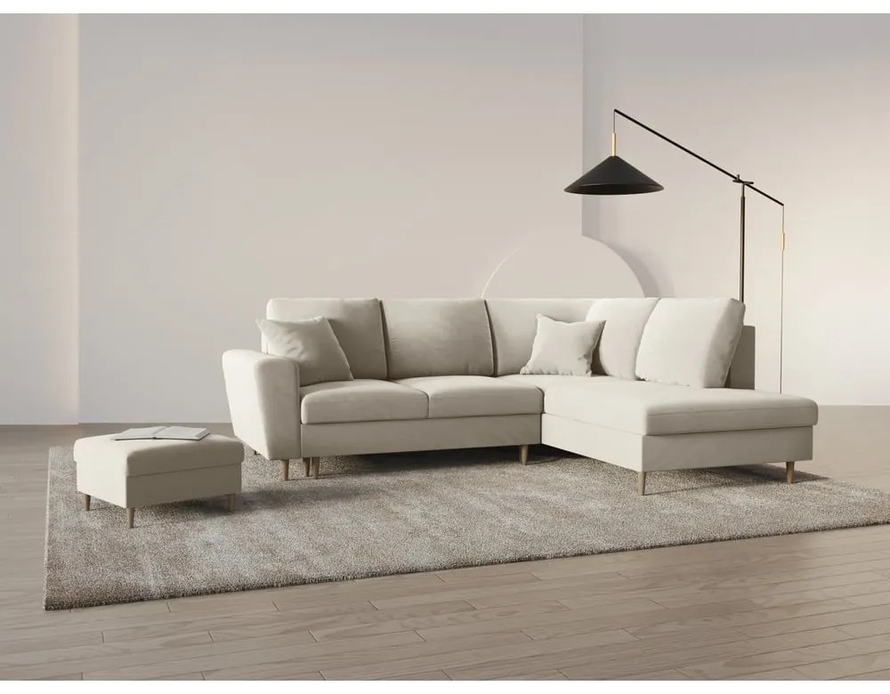 Colțar bej extensibil, cu spațiu de depozitare cu tapițerie din catifea (cu colț pe partea dreaptă-în formă de ”L”) Kyoto – Cosmopolitan Design