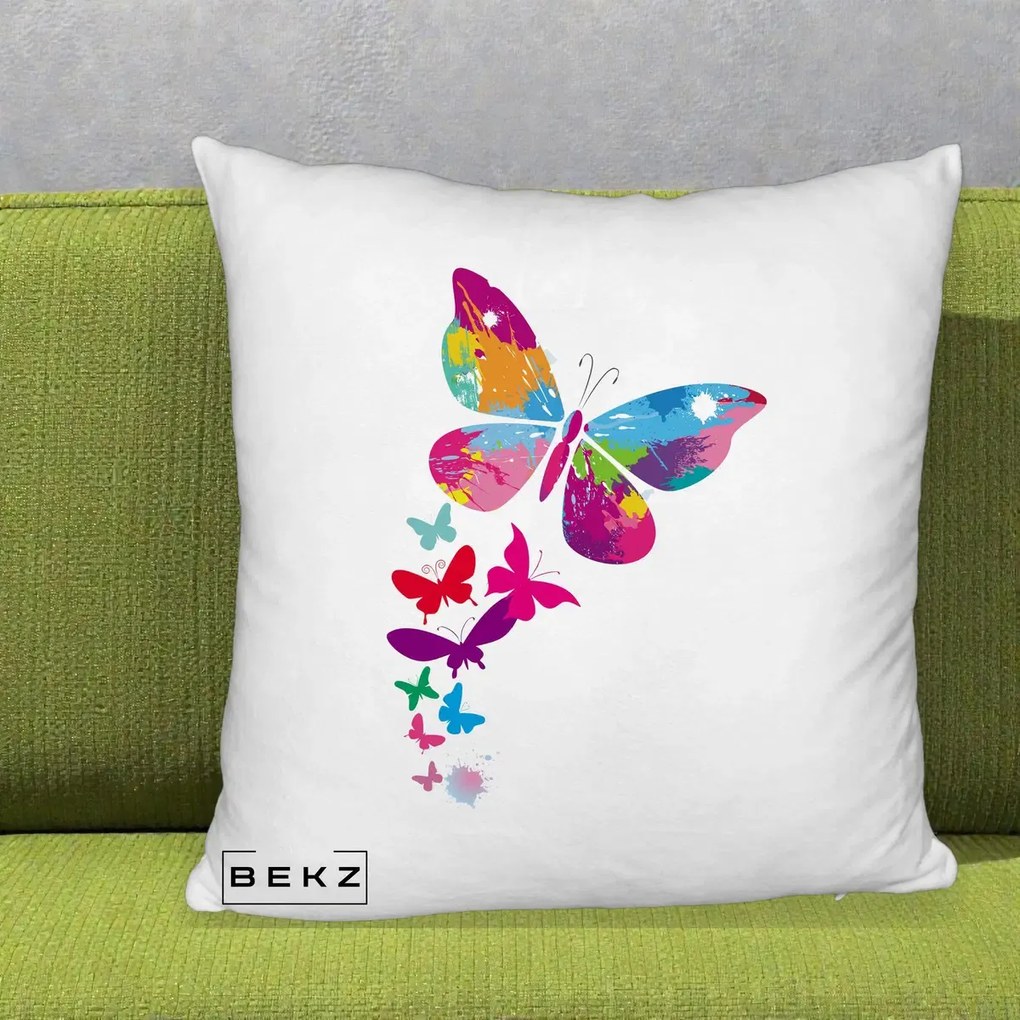Perna Decorativa Fluturi Splash, 40x40 cm, Alb Pufos, Husa Detasabila, Perna Inclusa, BEKZ®