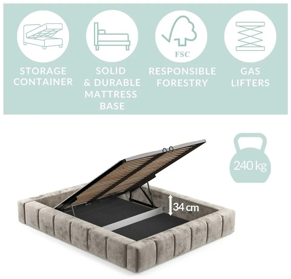 Pat matrimonial gri deschis tapițat cu spațiu de depozitare cu somieră 200x200 cm Aruba L – Maison de Rêve