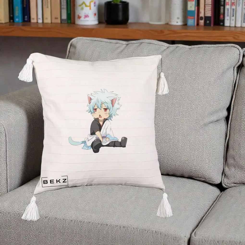 Perna Personalizata Gintama Gintoki Chibi Pisica, 40x40 cm, Bej cu Franjuri, Husa Detasabila, Perna Inclusa, BEKZ®