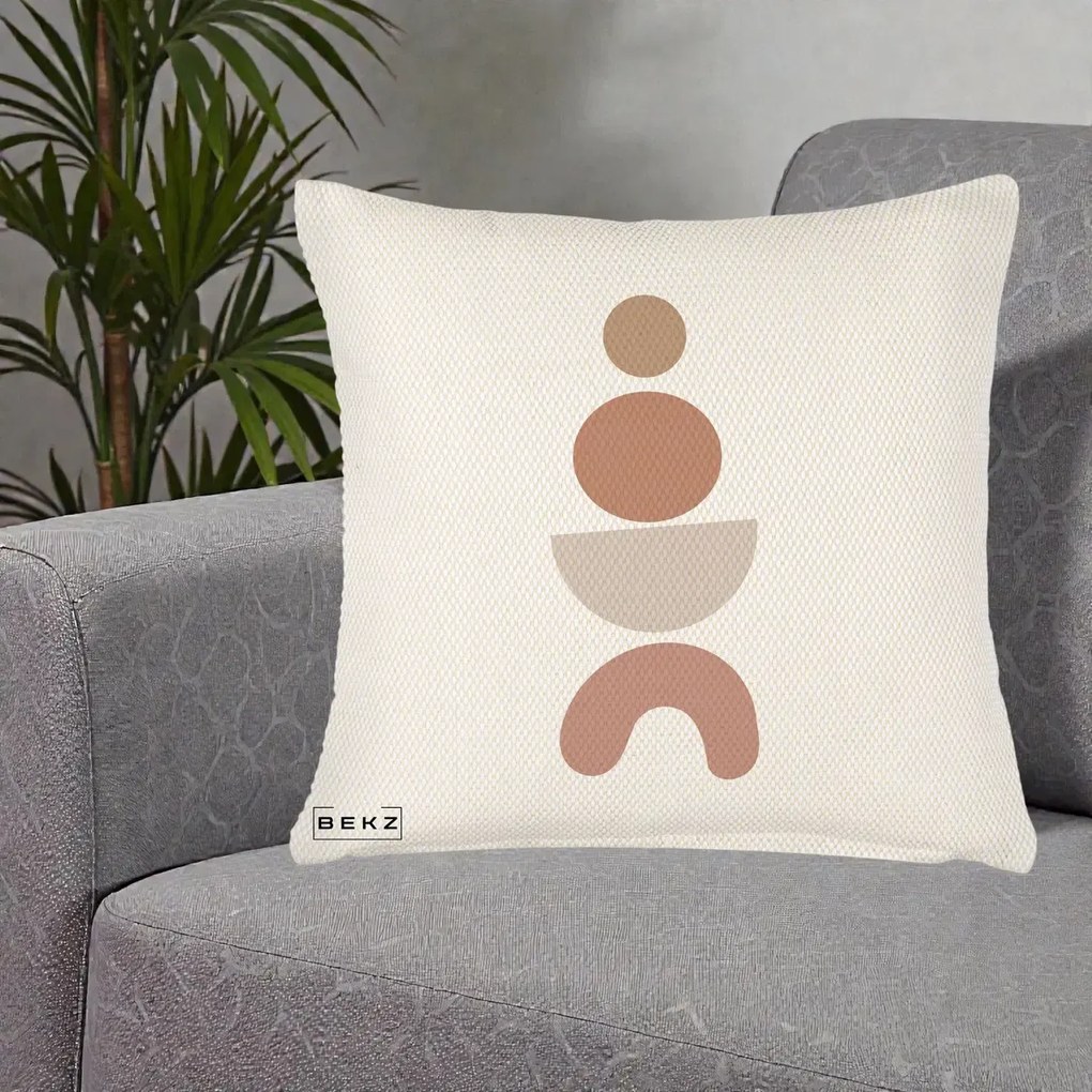 Perna Decorativa Geometric Boho Cercuri si Arc, 40x40 cm, Crem Reliefat, Husa Detasabila, Perna Inclusa, BEKZ®