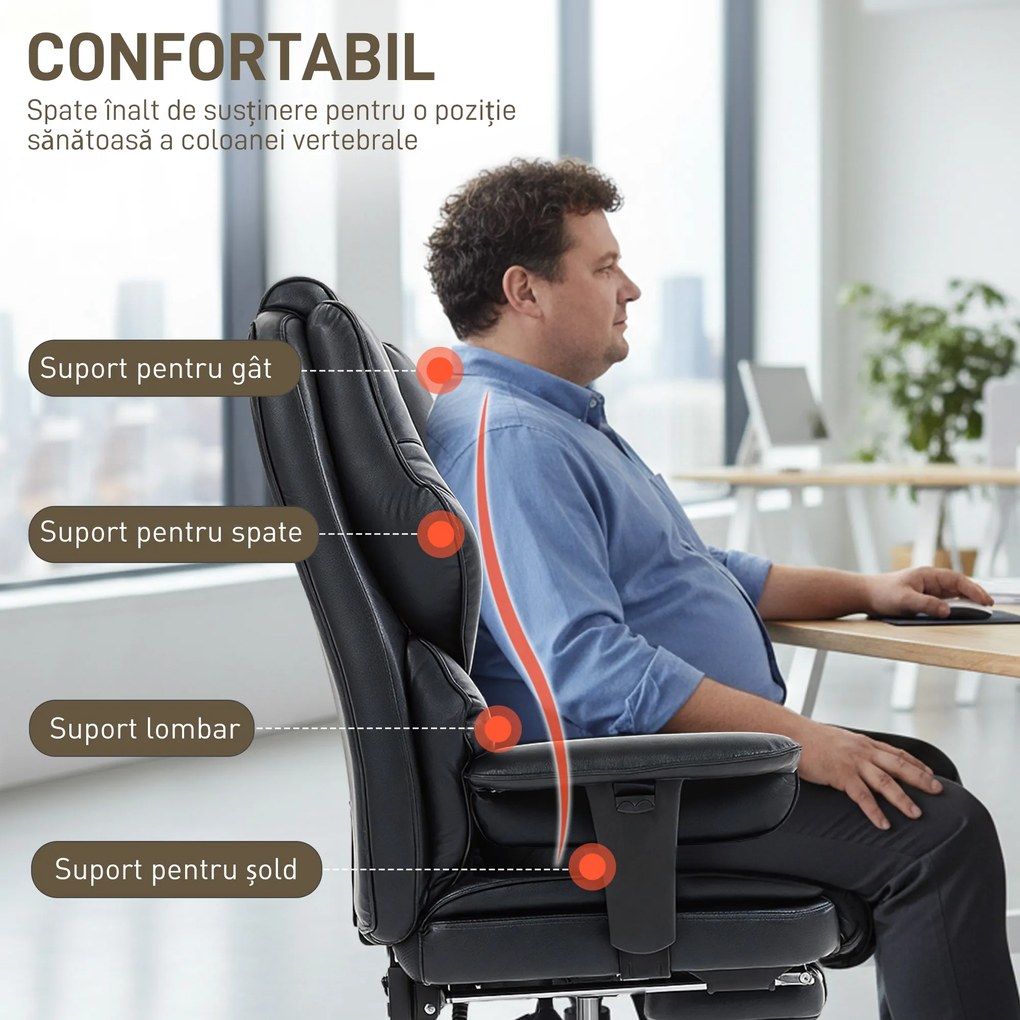 HOMCOM Scaun de birou cu suport pentru picioare și tetieră, din piele PU, spumă și metal, 76x73x117-125 cm, negru | Aosom Romania
