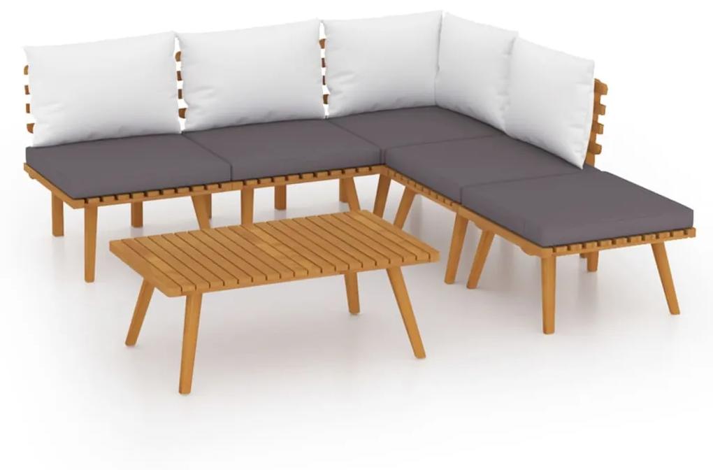 Set mobilier de gradina cu perne, 6 piese, lemn masiv de acacia colt + 3x mijloc + suport pentru picioare + masa, 1