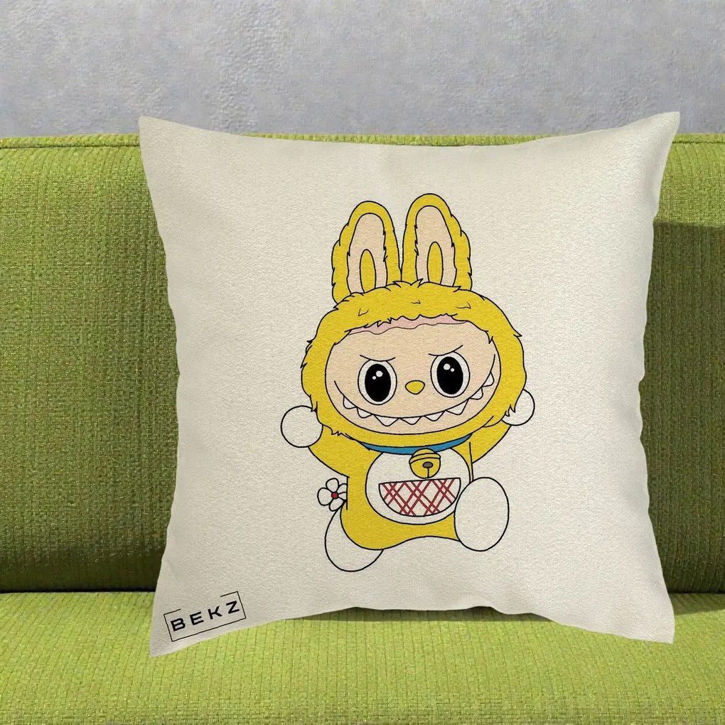 Perna Personalizata Labubu Galben Doraemon, 40x40 cm, Ecru, Husa Detasabila, Perna Inclusa, BEKZ®