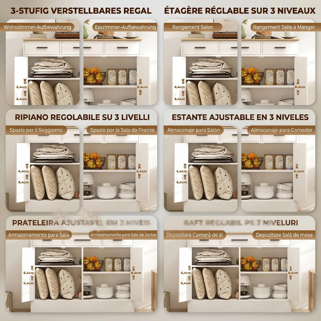 HOMCOM Bufet Modern 2 Sertare și Dulap cu 2 Uși, Raft Interior Reglabil, Alb și Lemn | Aosom Romania