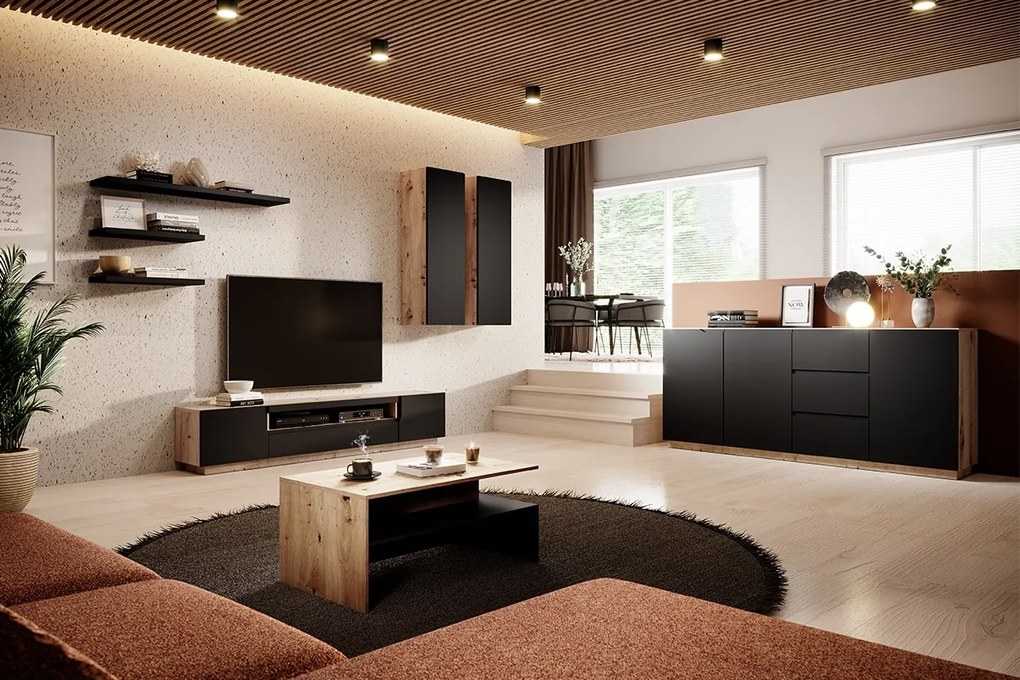 Comodă TV Loftia 200 cm cu două uși și nișă - artisan / negru mat