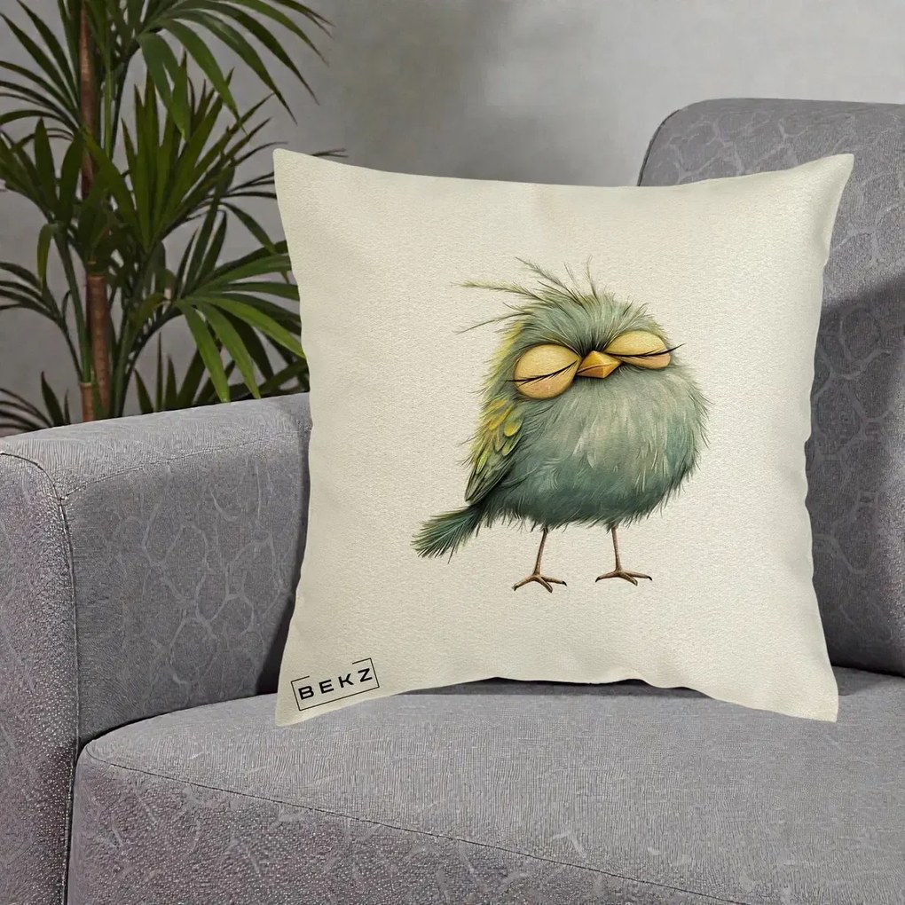 Perna Decorativa Pasare Teal Adormita cu Ochi Galbeni, 40x40 cm, Ecru, Husa Detasabila, Perna Inclusa, BEKZ®