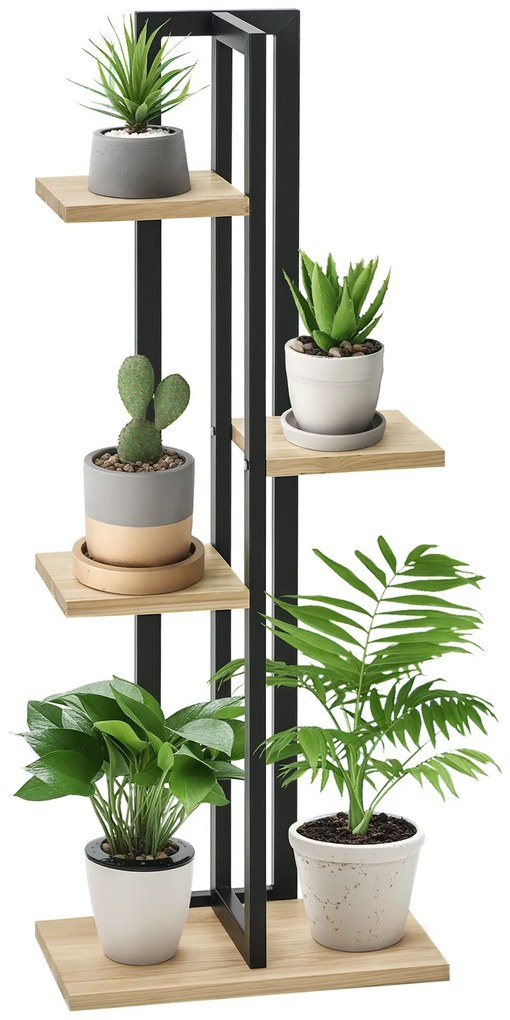 Outsunny Suport pentru Plante cu 4 Etaje din Lemn de Brad și Metal, 45x25x110 cm, Negru | Aosom Romania