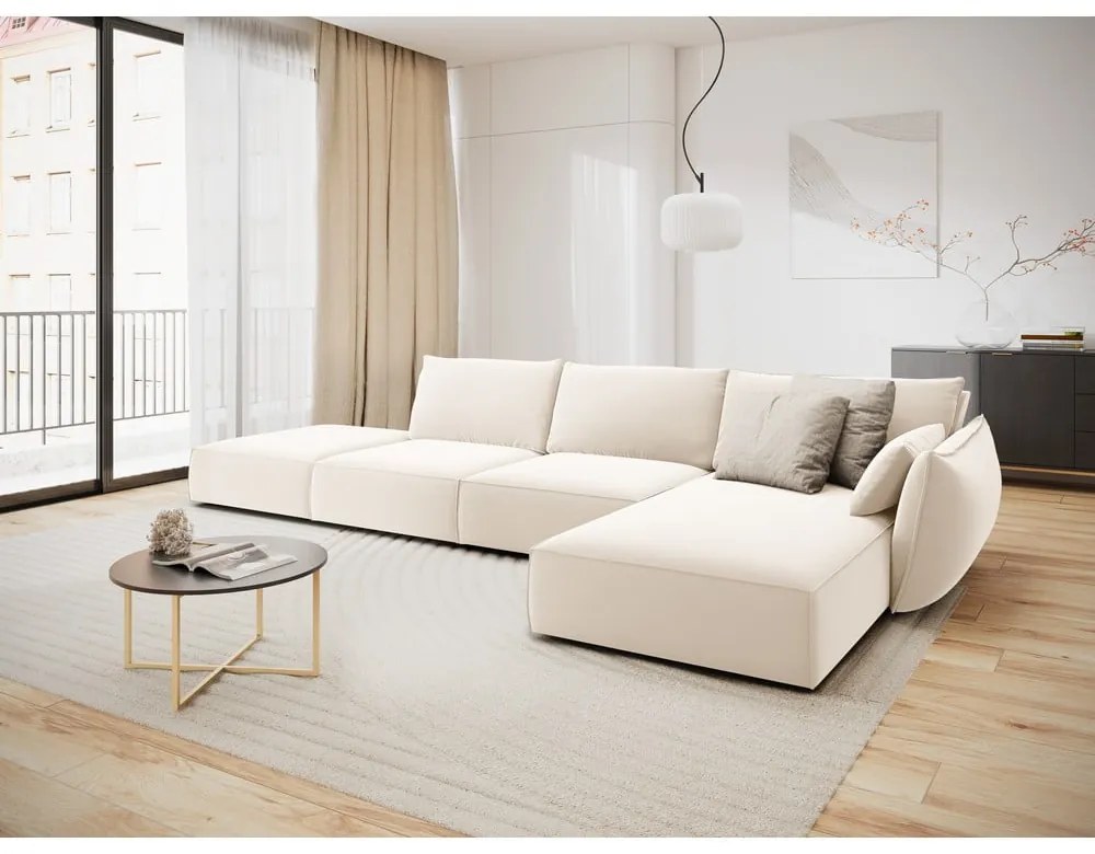 Colțar bej cu tapițerie din catifea (cu colț pe partea dreaptă, cu șezlong) Vanda – Mazzini Sofas