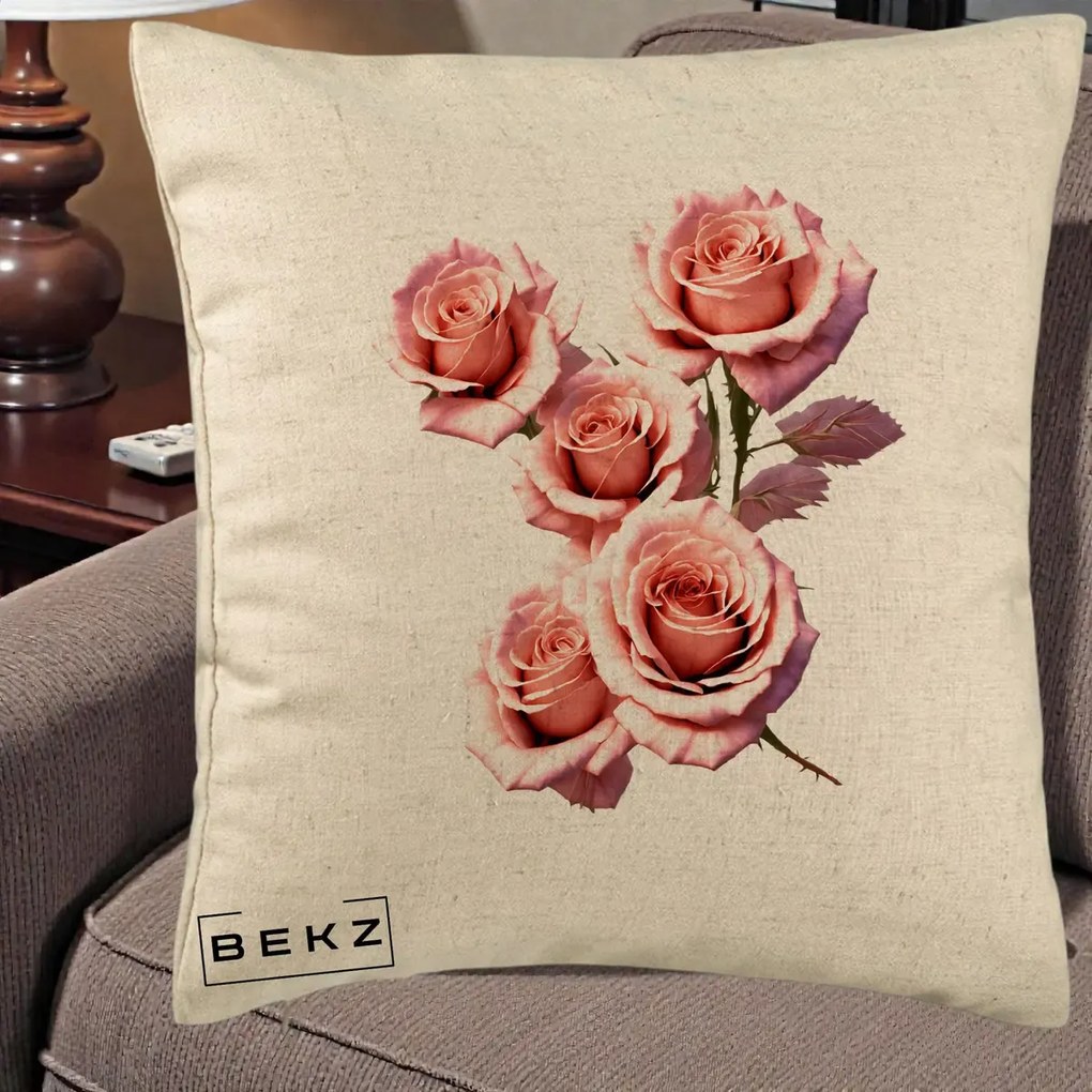 Perna Decorativa Trandafiri Roz Pastel Acuarela, 40x40 cm, Bej, Husa Detasabila, Perna Inclusa, BEKZ®