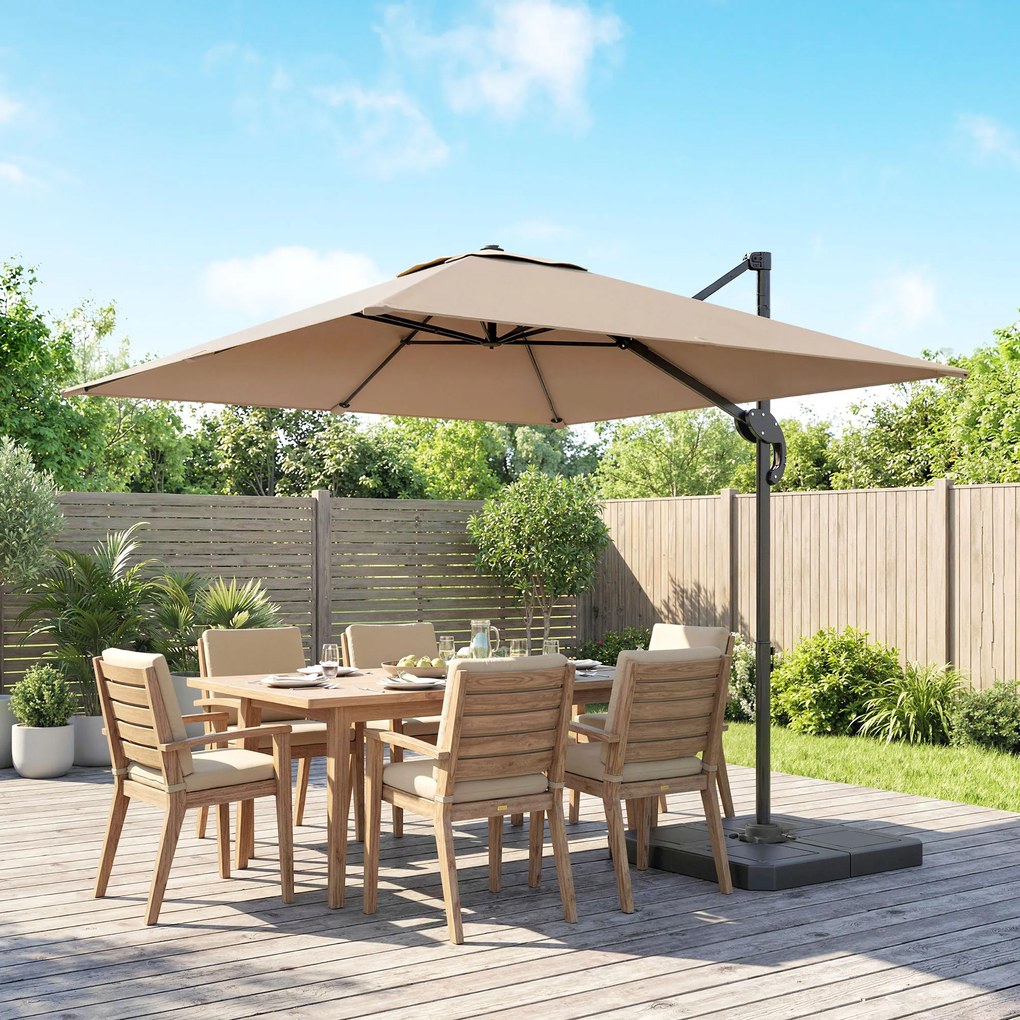 Outsunny Parasol cu braț lateral pătrat parasol de grădină exterior bază și plăci de umplere stâlp aluminiu protecție UV50+2,4x2,4m kaki | Aosom Romania