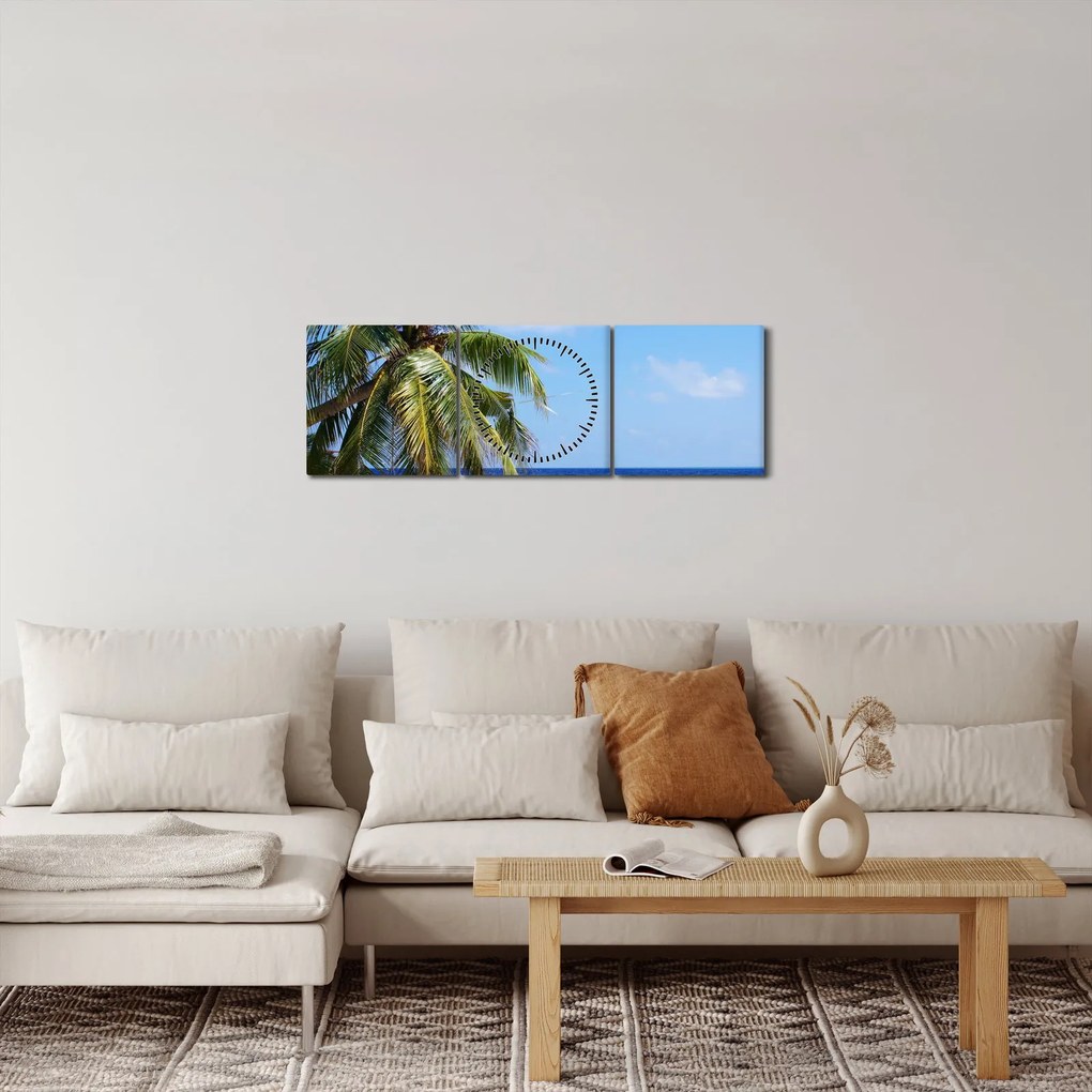 Tablou cu palmier pe plajă (cu ceas) (90x30 cm)