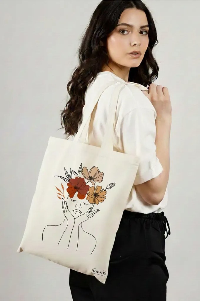 Sacosa de Panza pentru Cumparaturi, Geanta Tote, Flower Lady 19, 38x34.5 cm, Alba, BEKZ®