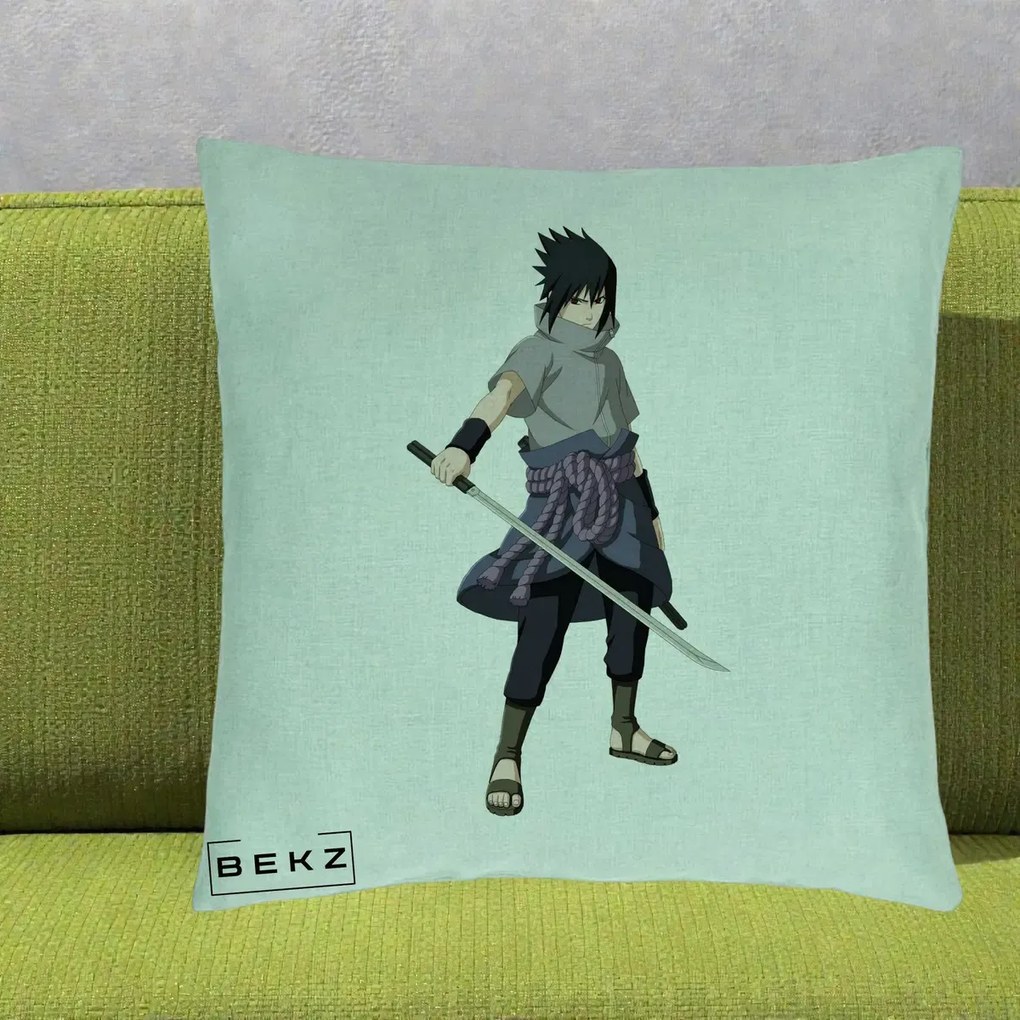 Perna Personalizata Naruto Sasuke Uchiha cu Sabia, 40x40 cm, Verde Menta, Husa Detasabila, Perna Inclusa, BEKZ®
