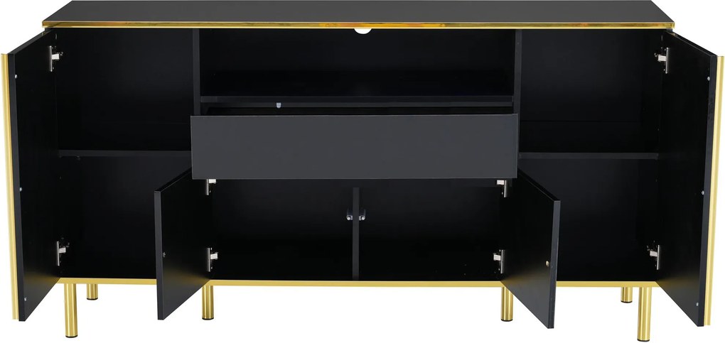 Comodă cu iluminare LED, 4 uși, 1 sertar, 150x40x80 cm, Negru