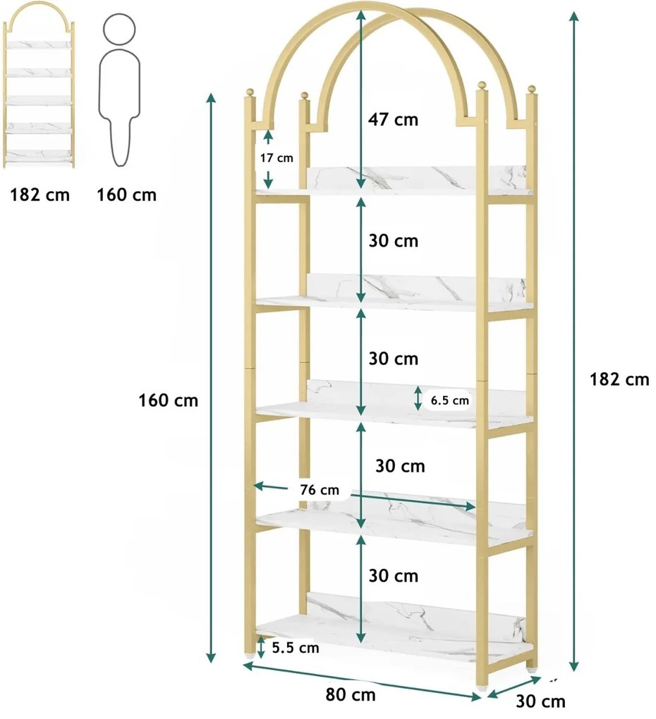 RAAU10 - Raft curbat, 80 cm, rafturi pentru birou, hol, living, baie - Auriu - Imitatie Marmura