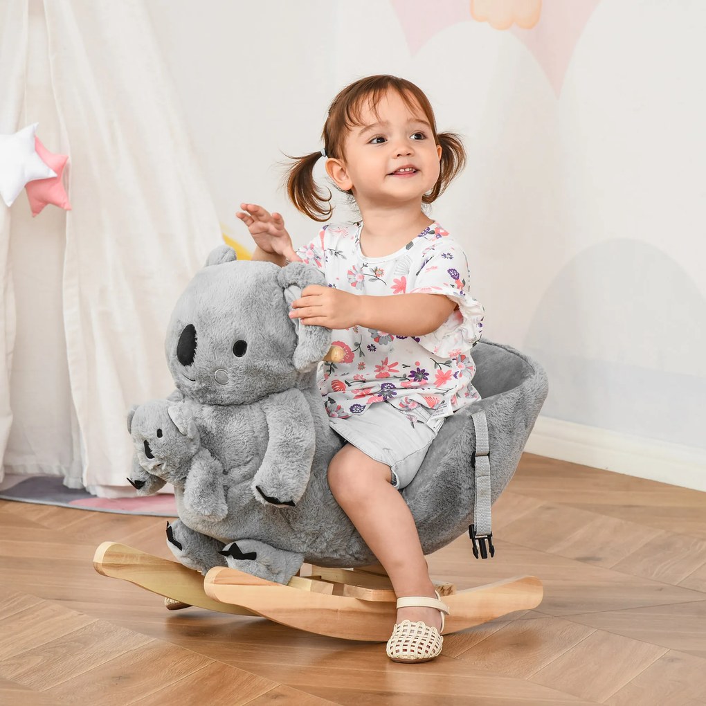 HOMCOM Koala Balansoar cu Sunete, Leagăn de Pluș și Lemn pentru Copii 18-36 Luni, Gri, 60x33x50cm | Aosom Romania
