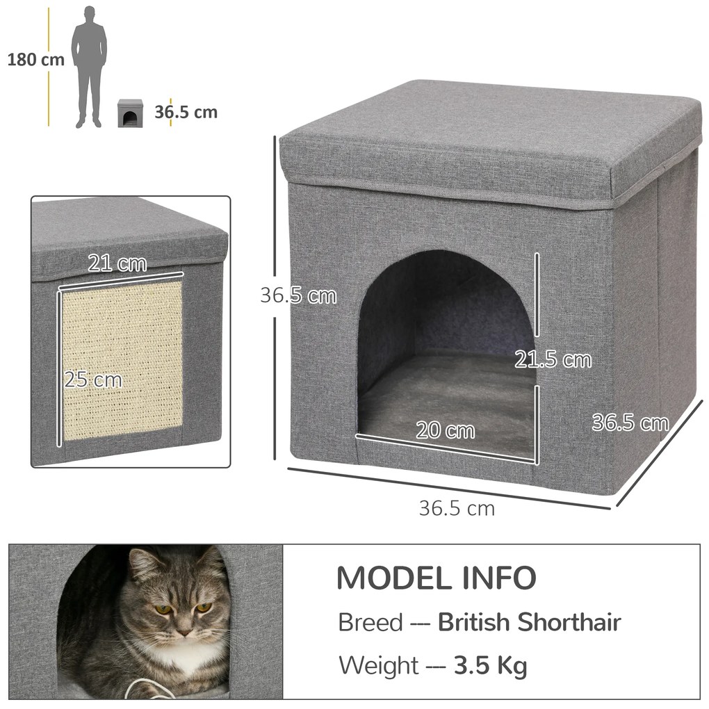 PawHut Căsuță Pliabilă pentru Pisici în Formă de Cub cu Pernă și Tăviță de Zgâriat, 36.5x36.5x36.5 cm, Gri | Aosom Romania