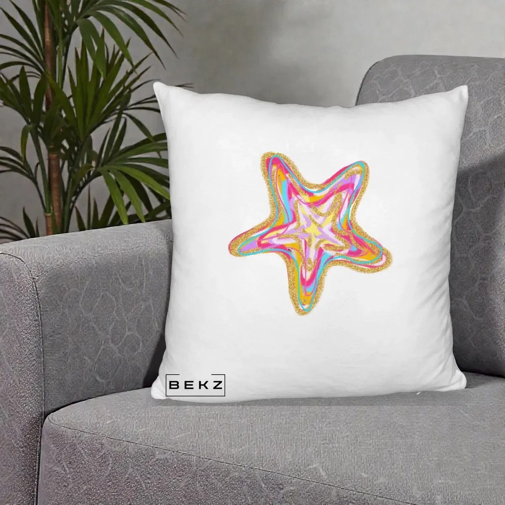Perna Decorativa Stea de Mare Colorata Psiheledic, 40x40 cm, Alb Pufos, Husa Detasabila, Perna Inclusa, BEKZ®