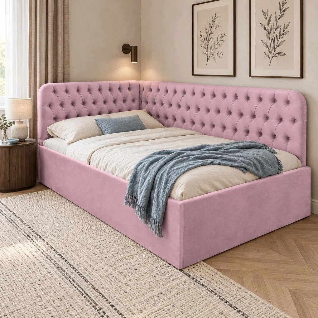 Pat tapițat pentru copii din catifea Elyra 140×200 cm, roz, colț dreapta, cu ladă de depozitare