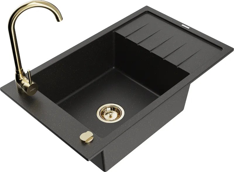 Mexen Elias chiuvetă de granit cu 1 compartiment, cu scurgător și baterie de bucătărie Telma, negru/auriu