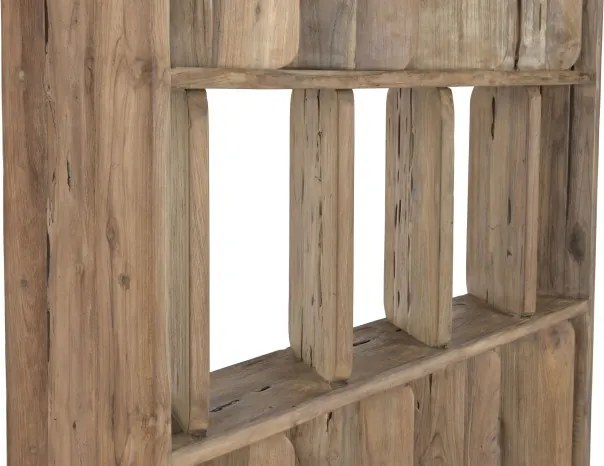 Etajeră înaltă din lemn de tec reciclat cu 5 rafturi design asimetric, „Nomad”